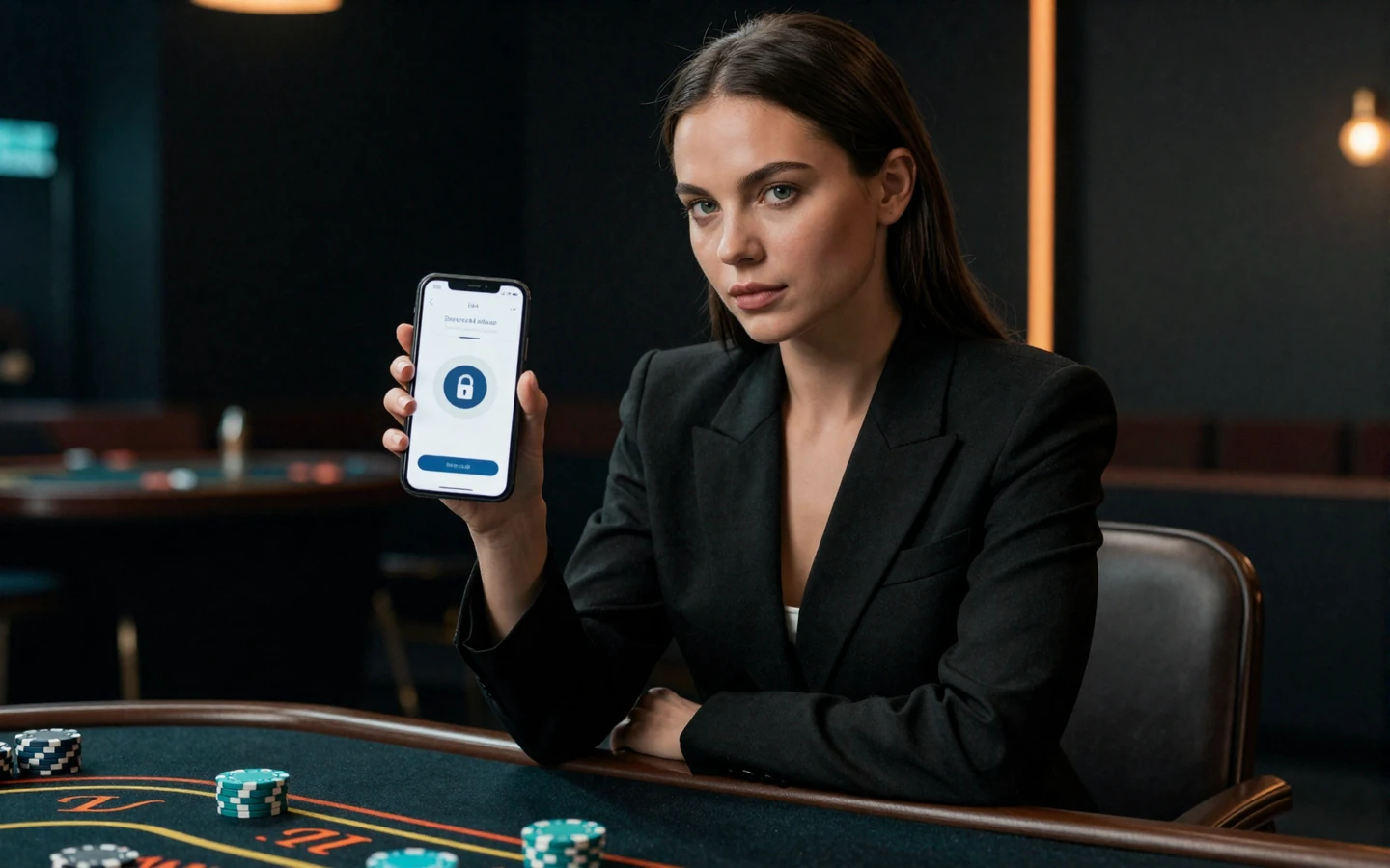 Elegante Frau im schwarzen Blazer mit Smartphone und sicherem Zahlungsbildschirm neben einem t&uuml;rkisen Betsson Chip
