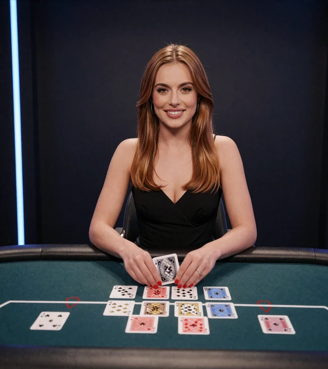 Live-Dealerin im schwarzen Kleid teilt Karten am Blackjack-Tisch im Betsson Studio mit t&uuml;rkiser LED-Beleuchtung