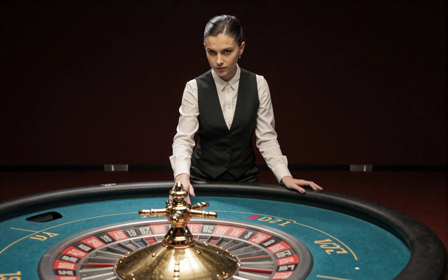 Elegante Croupierin im schwarzen Blazer dreht ein Roulette-Rad am t&uuml;rkisen Filztisch im Betsson Live Casino Online