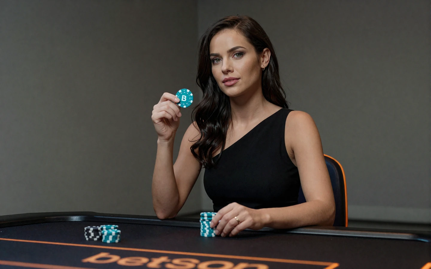 Elegante Frau im schwarzen Abendkleid am Spieltisch mit einem leuchtenden t&uuml;rkisen Betsson Casino Chip