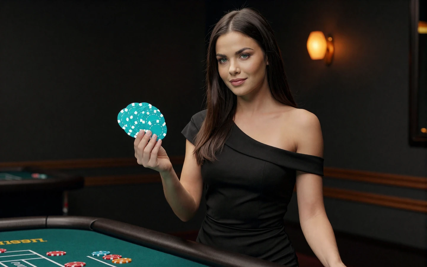 Elegante Frau im schwarzen Kleid am Roulette-Tisch mit t&uuml;rkisen Betsson Chips zum Casino Bonus