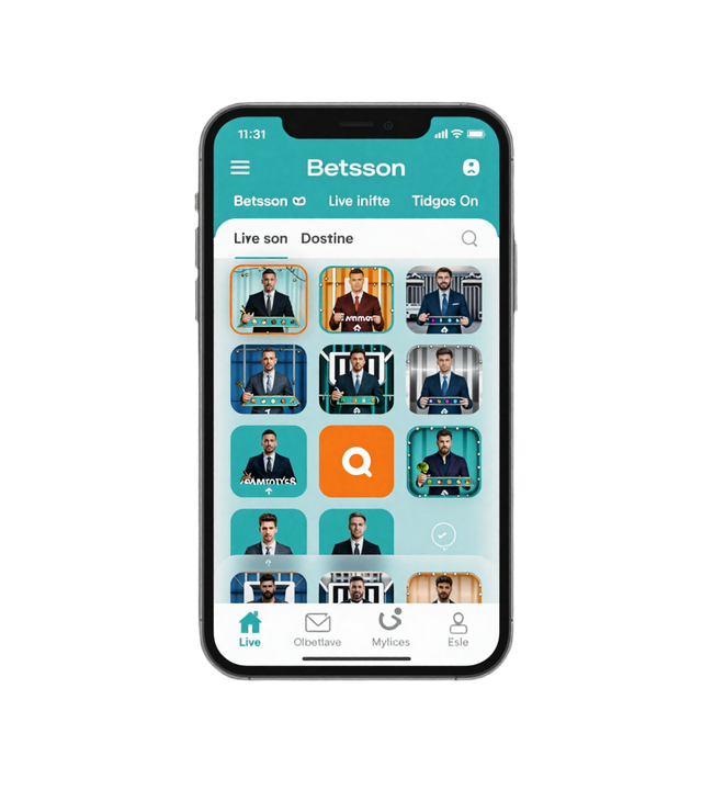 Smartphone mit der Betsson Casino App und Live-Casino-Lobby mit t&uuml;rkisen Akzenten auf dunklem Hintergrund