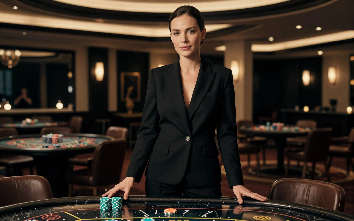 Elegante Frau im schwarzen Anzug in einer edlen Casino-Lounge mit einem t&uuml;rkisen Betsson Chip auf Marmortisch
